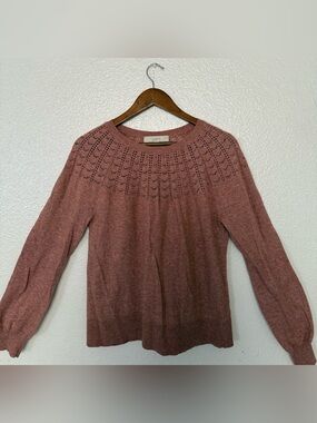 LOFT Dusty Rose Eyelet Yoke Sweater women’s size M 26%wool long sleeve